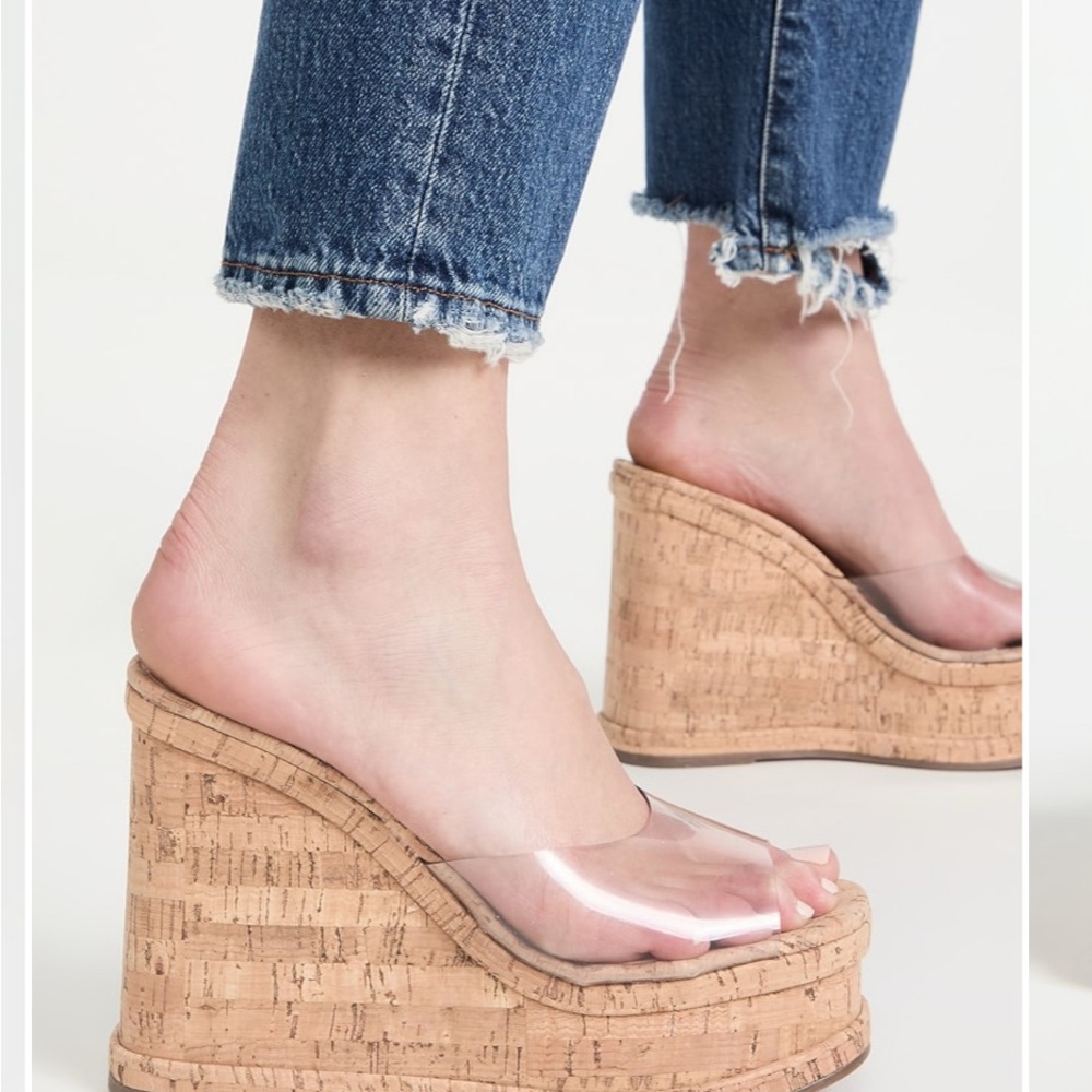 SCHUTZ Cream and Tan Wedges with Clear Strap